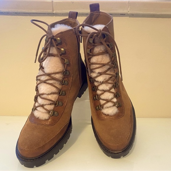 Lucky Brand Two-Tone Brown  Leather/ Wool Ankle Walking Boots Platform Size 91/2 - Picture 3 of 12